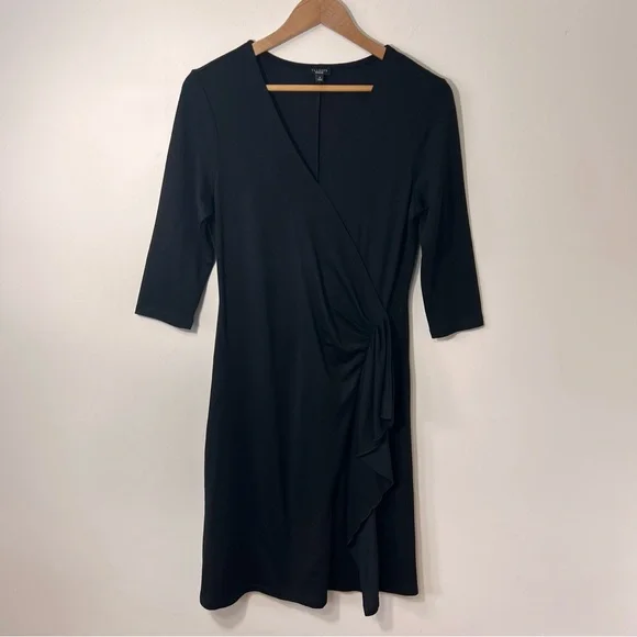 Talbots Black Wool Blend Dress Size 6 Faux Wrap Knee Length - Picture 6 of 13